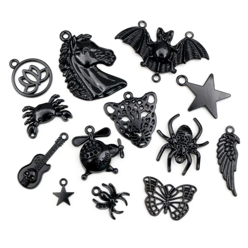 Black Alloy Jewelry Charms Mixed Bat Spider Butterfly Star Horse Wings Skull Guitar Pendants For DIY Jewelry Making