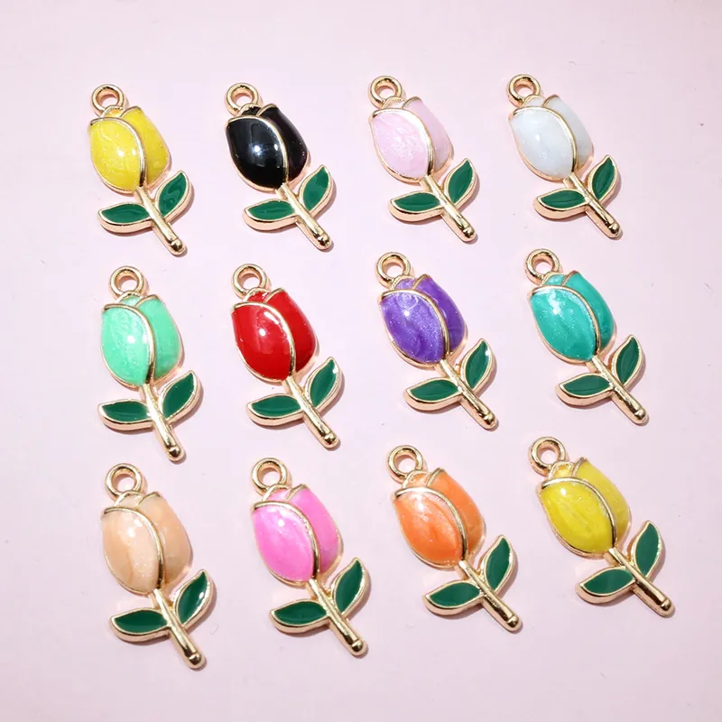 Tulip Flower Enamel Alloy Pendants For Jewelry Making DIY Earrings Necklace Bracelet Colorful Rose Flower Charms Accessories