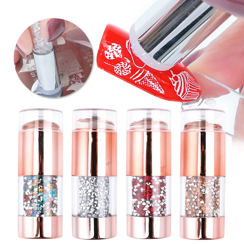 Professional Double Headed Nail Art Silicone Stamper With Scrapers Rose Gold Metal Handle Rhinestone Decor Manicure Tool