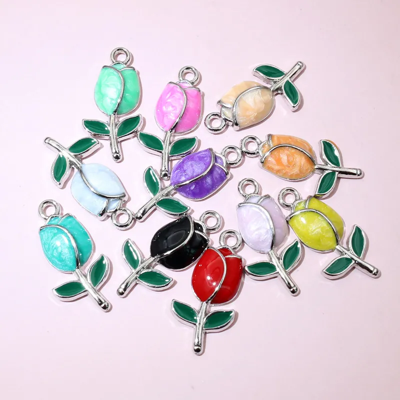 Enamel Tulip Rose Flower Bud DIY Jewelry Charms Zinc Alloy Pendant For Handmade Necklace Bracelet Earring Making Accessories