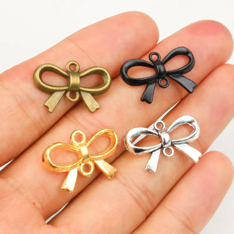 Vintage Alloy Bow Shape Pendants Jewelry Connectors With Double Rings For DIY Necklace Bracelet Making Antique Bronze Gold Silver Black Charms