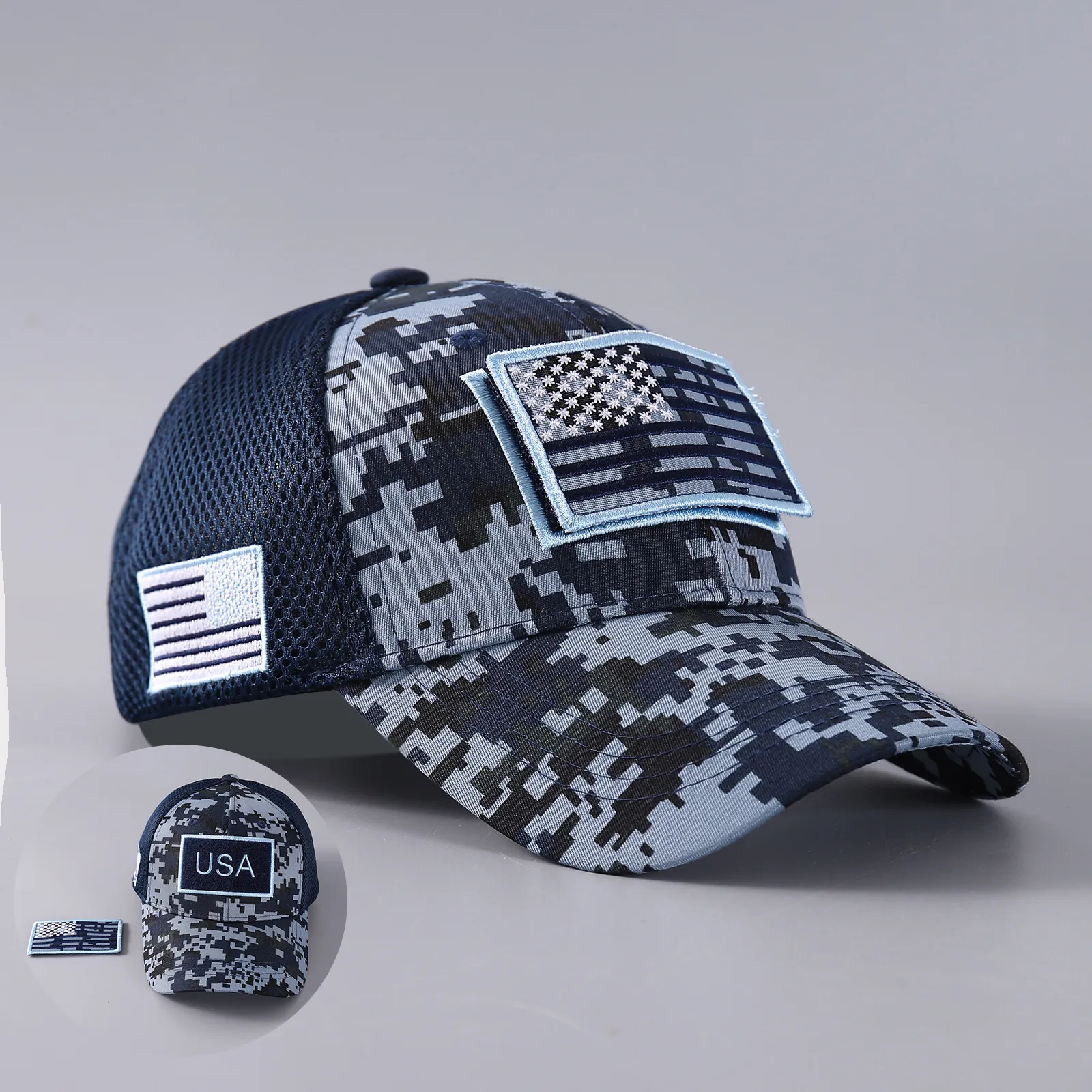 Tactical Camouflage Mesh Baseball Cap With US Flag Patch Breathable Trucker Hat Adjustable Outdoor Sun Hat For Men Women