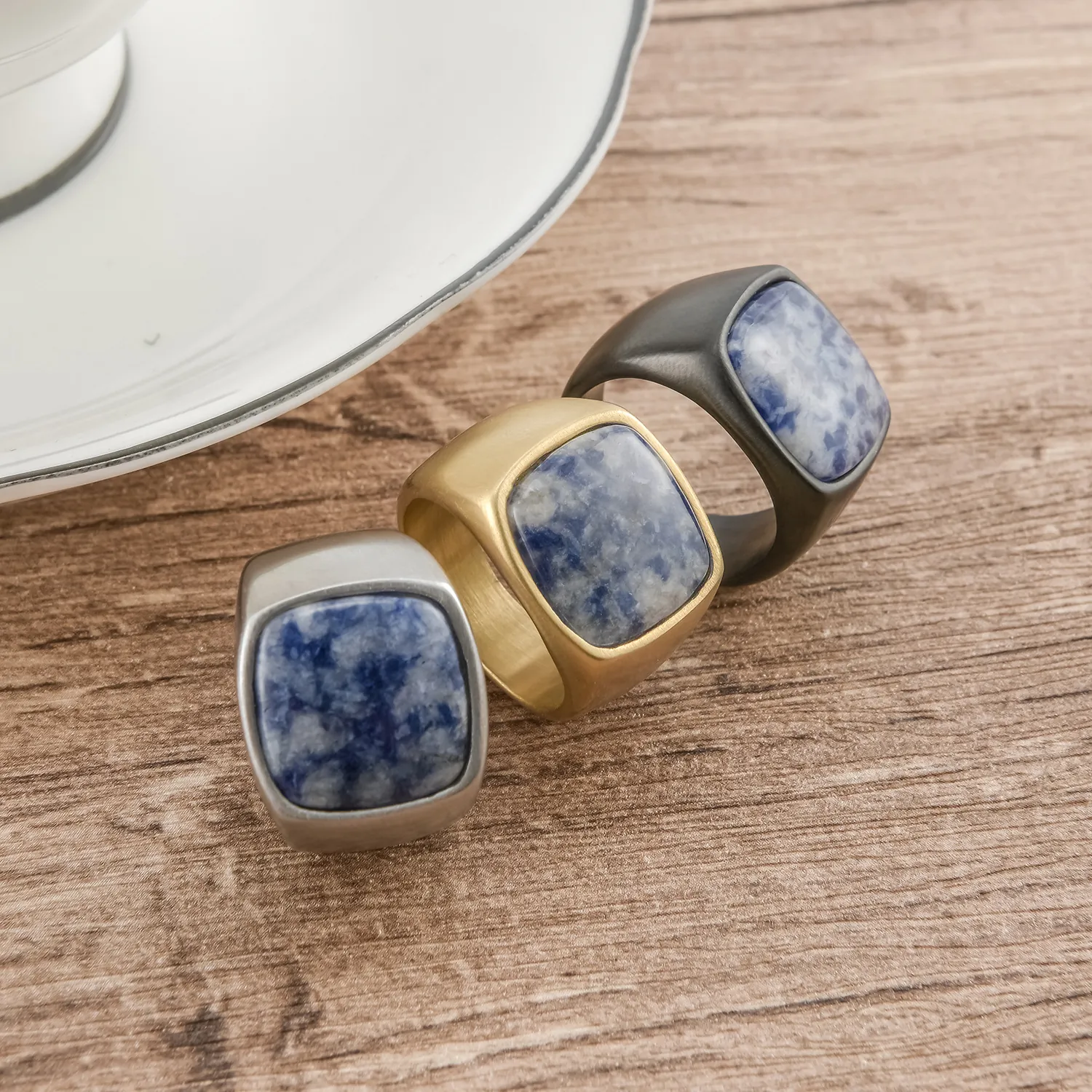 Anillo de Sello Vintage para Hombre de Acero Inoxidable Con Piedra Natural Cuadrada Onix Ojo de Tigre Joyería Masculina