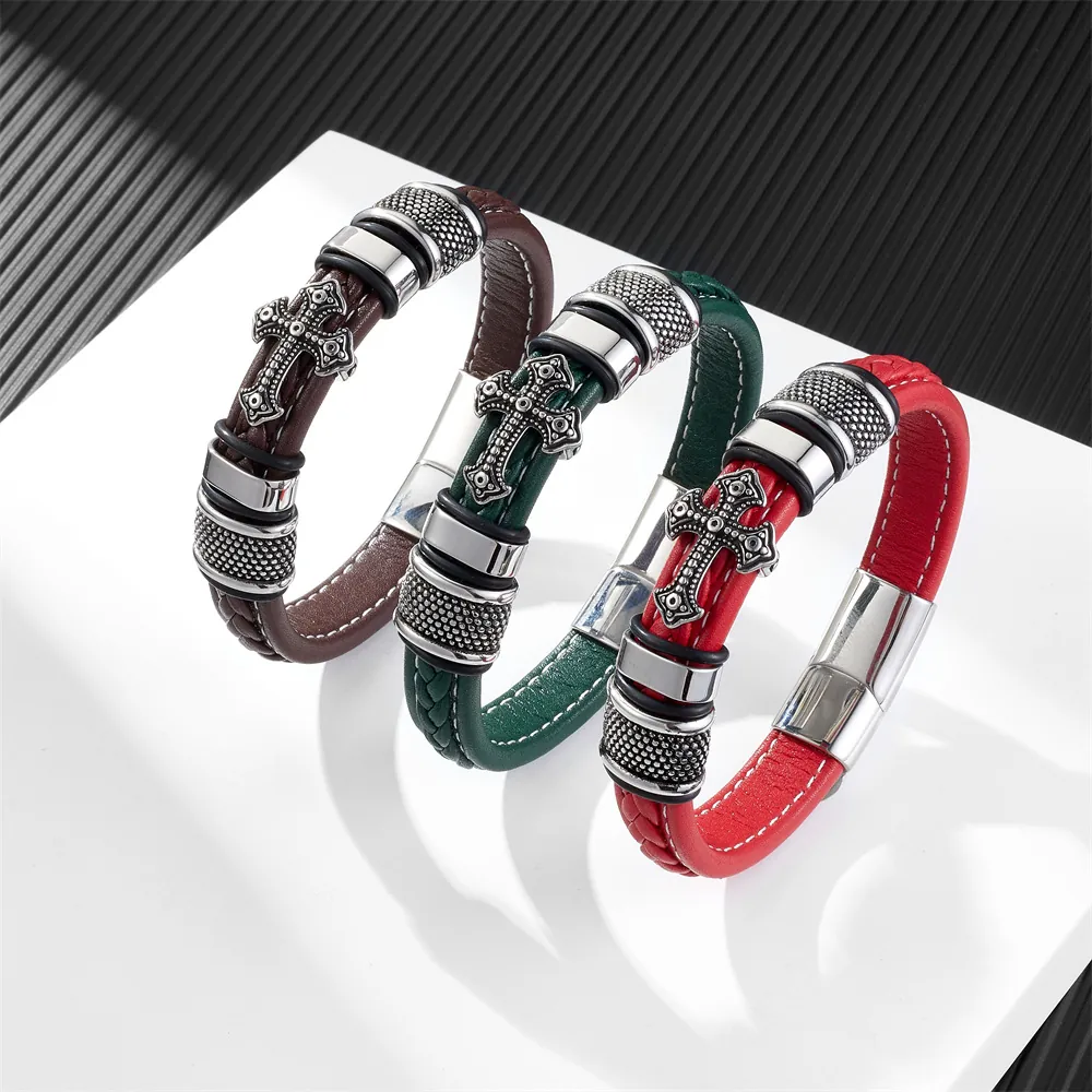 Men Vintage Stainless Steel Cross Leather Bracelet Braided Cowhide Punk Gothic Magnetic Clasp Hand-Made Jewelry Gift For Male