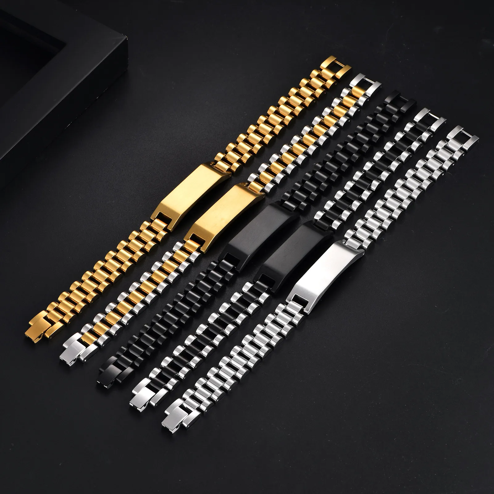 Bracelet d'identité en Acier Inoxydable 304 pour Homme Maillons de Montre Plaque Gravable Gourmette à Chaîne pour Homme Bijoux Business Casual Cadeau