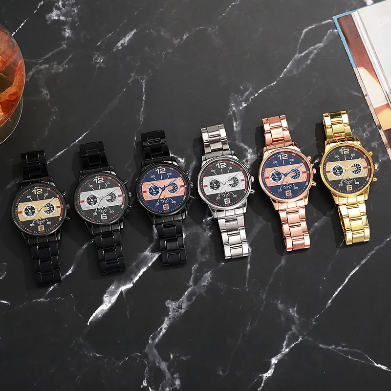 Men's Fashion Business Quartz Watch with Alloy Metal Strap Round Analog Dial Sport Wristwatch Three-Eye Design Wrist Watch