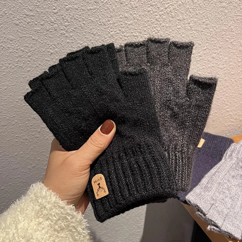 Winter Thickened Knitted Half Finger Gloves Unisex Warm Fingerless Gloves With Deer Leather Label Solid Color Mittens