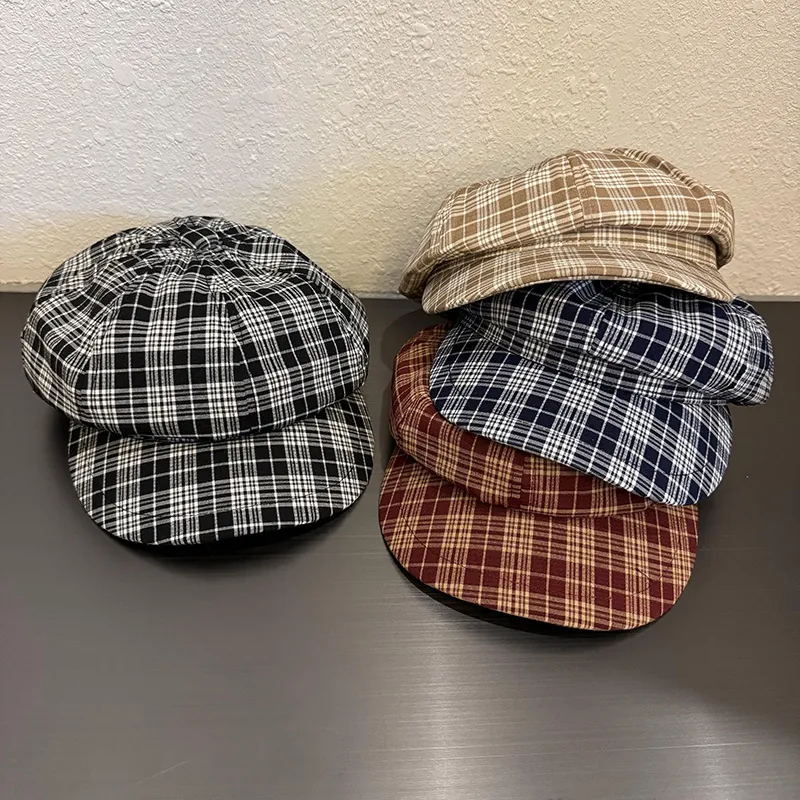 Women Retro Plaid Newsboy Cap Vintage Cotton Polyester Checkered Baker Boy Hat British Style Octagonal Beret Painter Hat