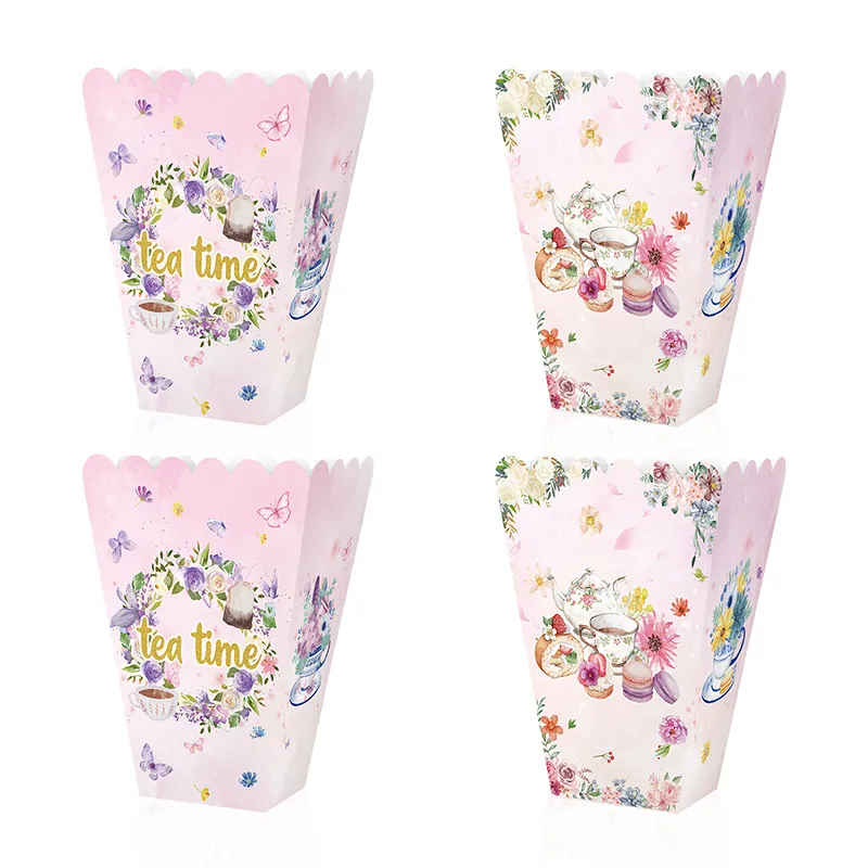 Floral Tea Theme Disposable Popcorn Boxes Pink Afternoon Tea Snack Treat Box For Birthday Party Tableware Decoration