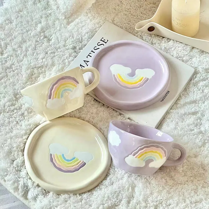 Ceramic Coffee Cup And Saucer Set With 3D Rainbow Cloud Embossed 250ml Macaron Color Mug For Home Afternoon Tea Gift