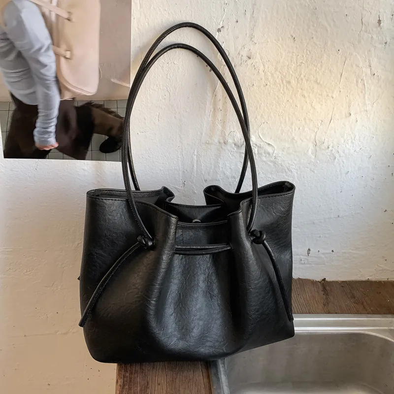 Women Large Capacity PU Leather Tote Bag With Sub Bag Minimalist Retro Commuting Shoulder Bag With Drawstring Knot Decor