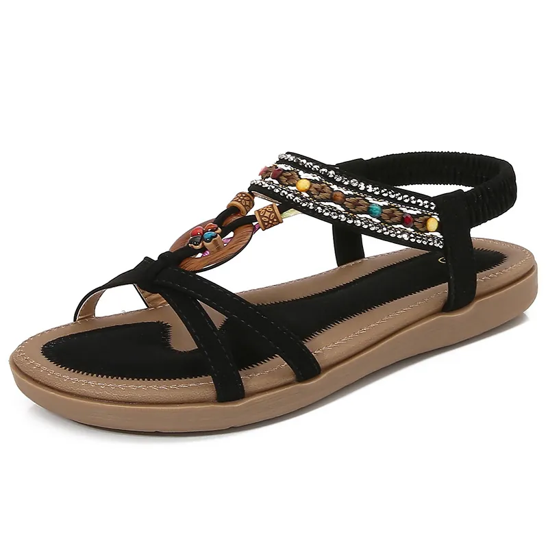 Women Bohemian Flat Sandals Ethnic Beaded Wood Ring Decor Elastic Back Strap PU Leather Casual Beach Summer Shoes