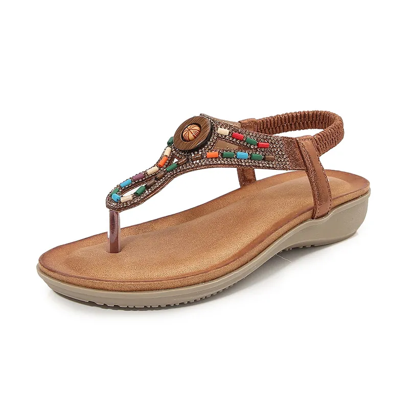 Sandales Compensées à Strass Bohème pour Femmes Décontractées Perles Colorées Bride en T Chaussures de Plage Été PU TPR
