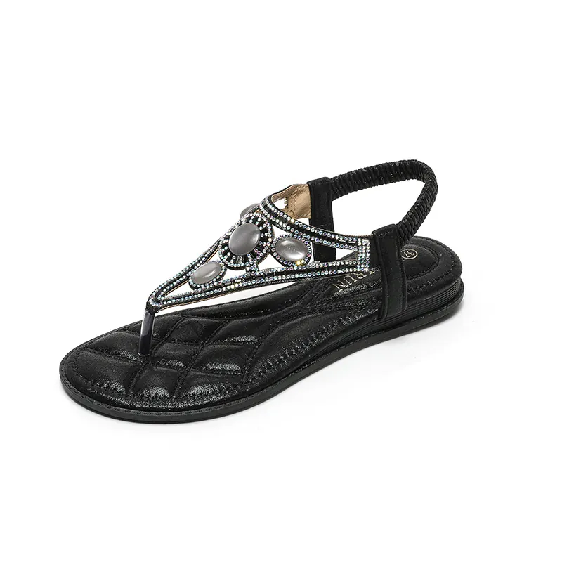 Sandali Bassi da Donna con Infradito a T e Strass Stile Boemo Scarpe in Pelle PU Estive con Cinturino Elastico Taglie Forti