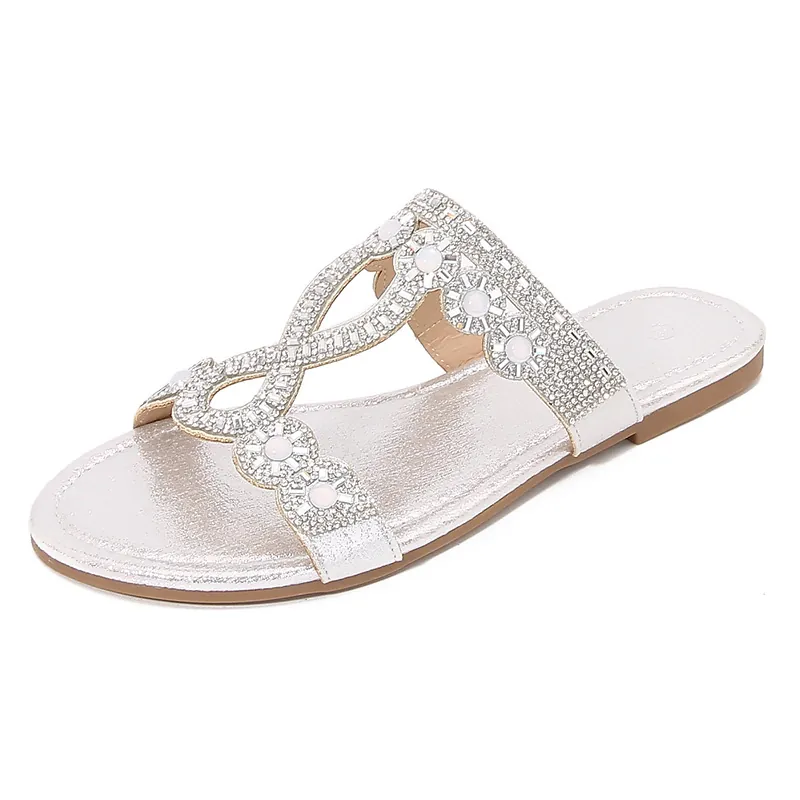 Sandales Plates de Bohême avec Strass pour Femmes Bout Rond Cuir PU Cristaux Étincelants Künstliche Perles Chaussures de Plage Été Décontractées