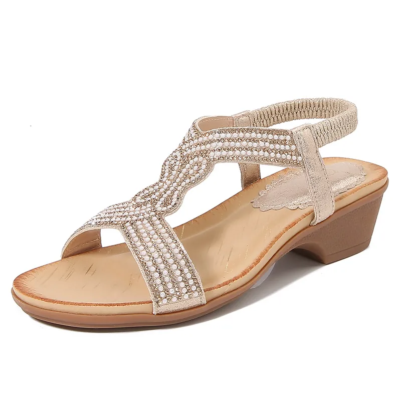 Sandali a Zeppa da Donna Boho con Strass Perle Sintetiche Cinturino Elastico in Pelle PU Scarpe Moda Mare Estate