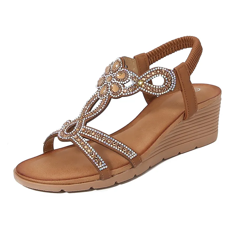 Bohemian Rhinestone Wedge Sandals For Women T-Strap Elastic Back Strap Comfortable PU Leather Summer Vacation Beach Party Shoes