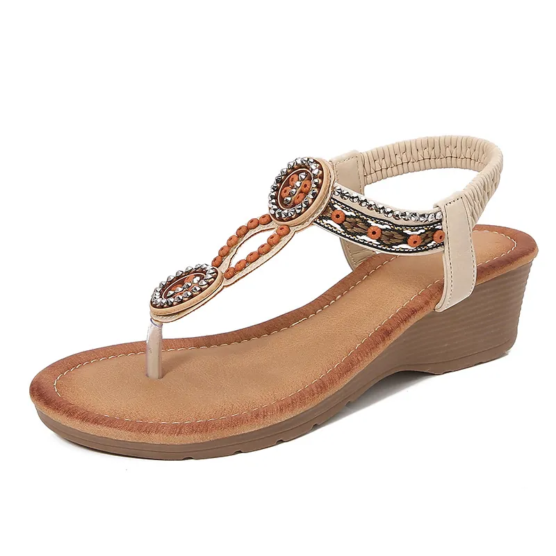 Sandali con Zeppa Bohemien da Donna Sandali con T-Strap in Strass Infradito Comodi Cinturino Posteriore Elastico Scarpe da Spiaggia