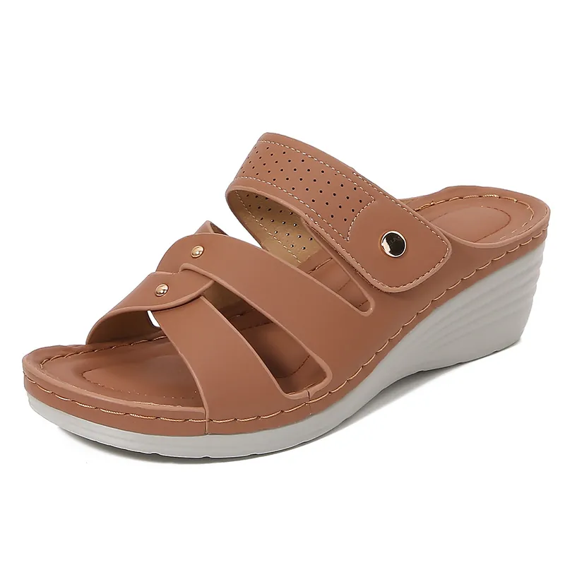 Women's Casual Wedge Slide Sandals Comfort PU Leather Cross Strap Laser Cut Rivet Platform Summer Beach Shoes 5.5cm Heel