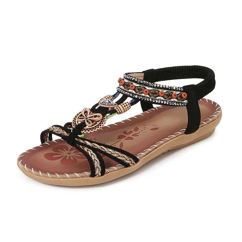 Sandali Bassi Bohemien da Donna con Strass Decorazione Farfalla Perline Cinturino a T Elastico Posteriore Sandali Estivi in Microfibra