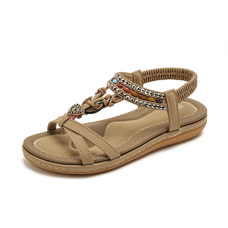 Sandales Plates Bohèmes pour Femmes avec Strass et Perles Bride en T Chaussures de Plage Été Élastique Arrière Confort Décontracté