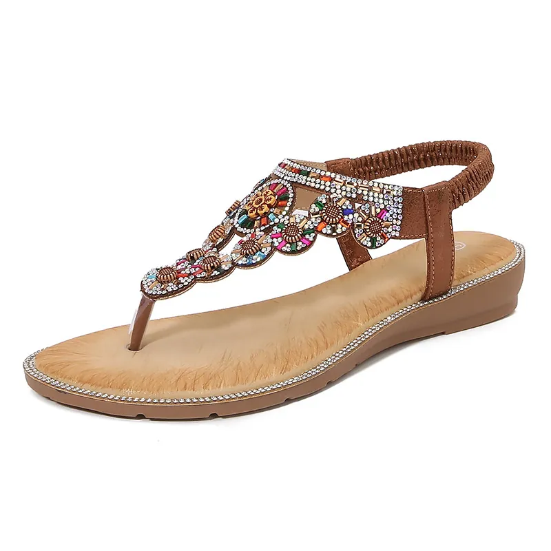 Bohemian Rhinestone T-Strap Sandals Flat Massage Thick Sole Shoes Elastic Back Strap Summer Vacation Beach Footwear