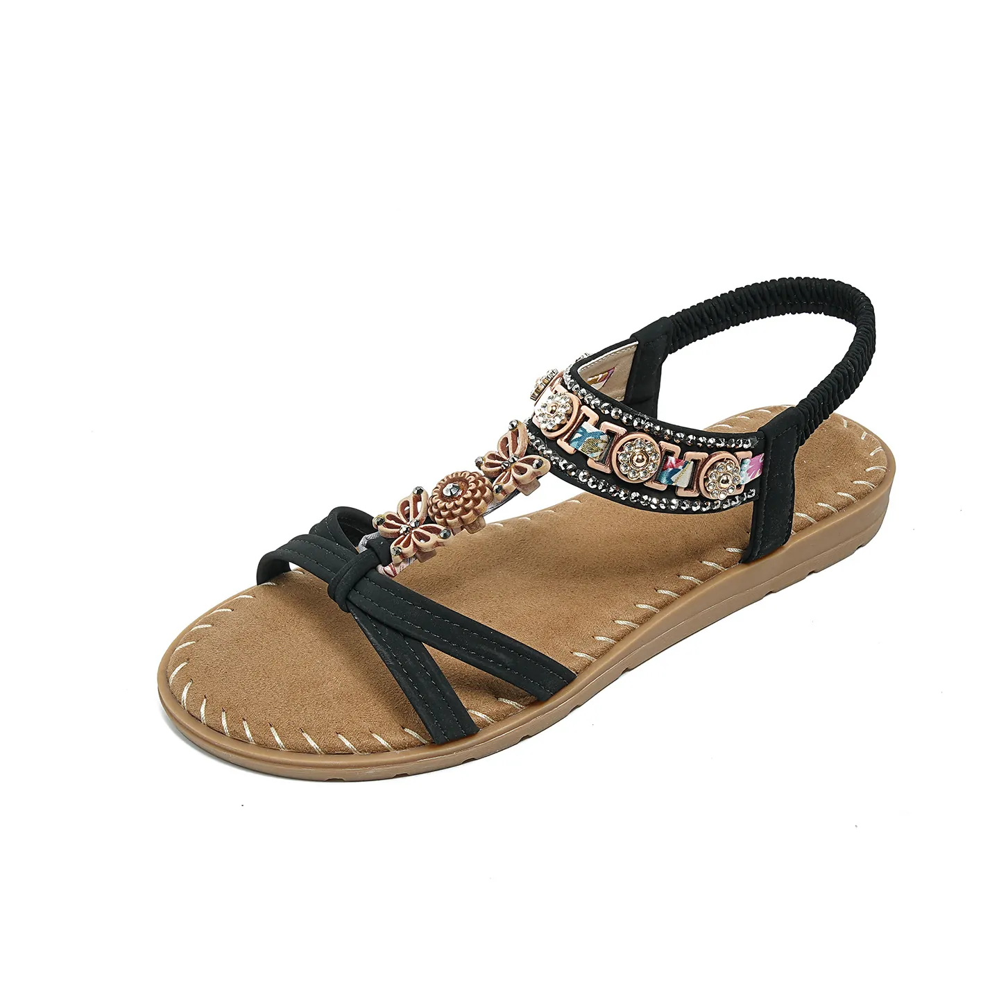 Bohemian Women Flat Sandals Rhinestone Flower Metal Butterfly T-Strap Elastic Back Strap Ethnic Summer Beach Dress Shoes