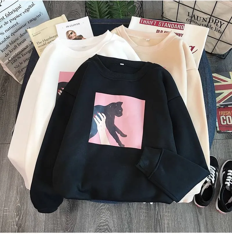 Women Casual Crew Neck Sweatshirt Polyester Cat Graphic Print Long Sleeve Fleece Lined Loose Fit Pullover Top