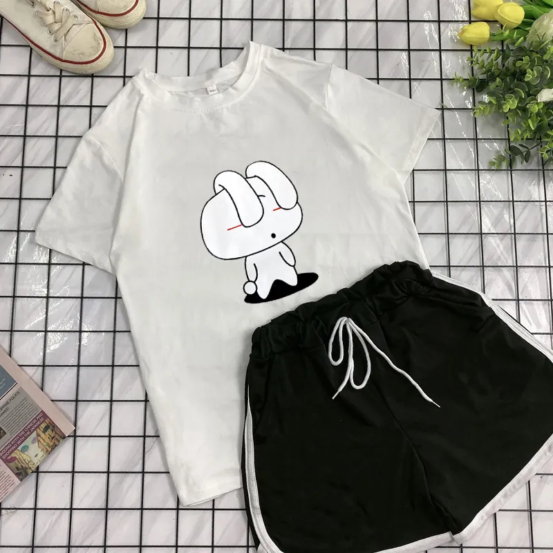 Women's Casual Two Piece Shorts Set Rabbit Print Short Sleeve T-Shirt And Drawstring Waist Shorts Summer Loose Fit Outfit