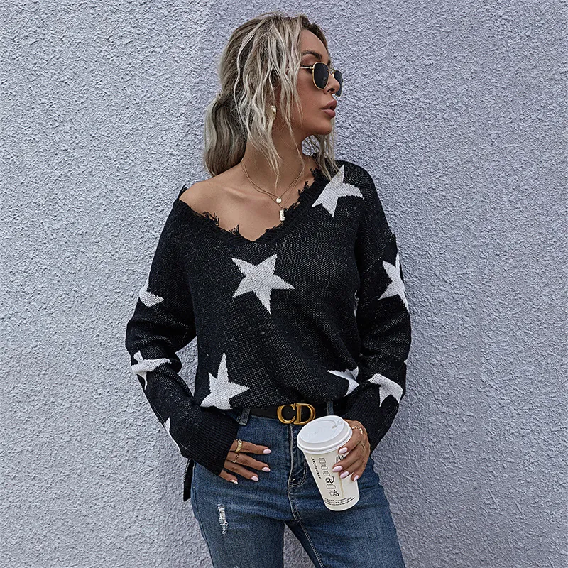 Women's V-Neck Distressed Star Pattern Knit Sweater Loose Casual Long Sleeve Pullover Tops Fall Winter Knitwear
