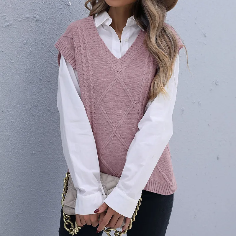 Women V-Neck Cable Knit Sweater Vest Sleeveless Loose Fit Pullover Solid Mauve Pink Polyester Knitwear For Autumn Spring