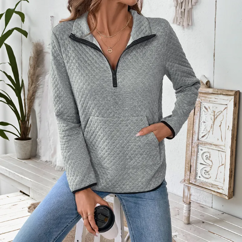Women's Casual Quilted Diamond Pattern Half Zip Sweatshirt Warm Long Sleeve Pullover With Kangaroo Pocket Solid Top