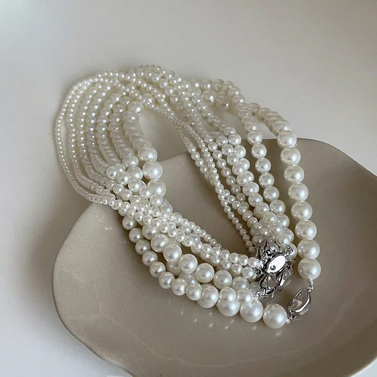 Collier en Perles de Verre Vintage Français pour Femmes Élégant Simple Fermoir Plaqué Or Argent S925 Bijoux de Fête
