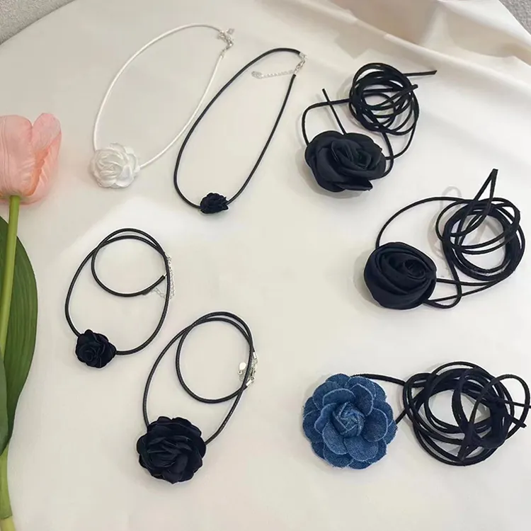 Women Vintage Fabric Camellia Flower Choker Necklace Elegant Rose Lace Denim Ribbon Tie Neck Chain Fashion Jewelry Accessory