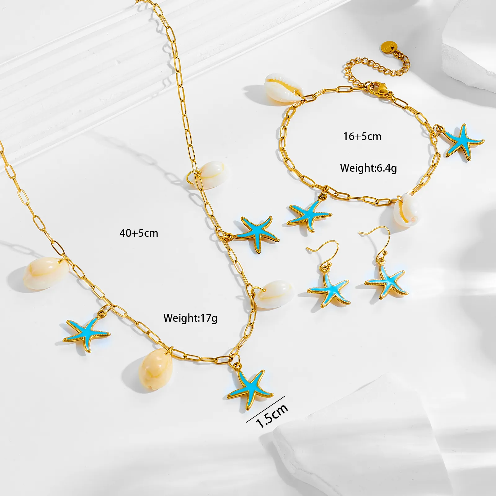 Gioielli Oceano Conchiglia Stella Marina Collana Bracciale Orecchini a Bottone Placcato Oro Acciaio al Titanio Madreperla Smalto Estate Spiaggia Resort per Donna
