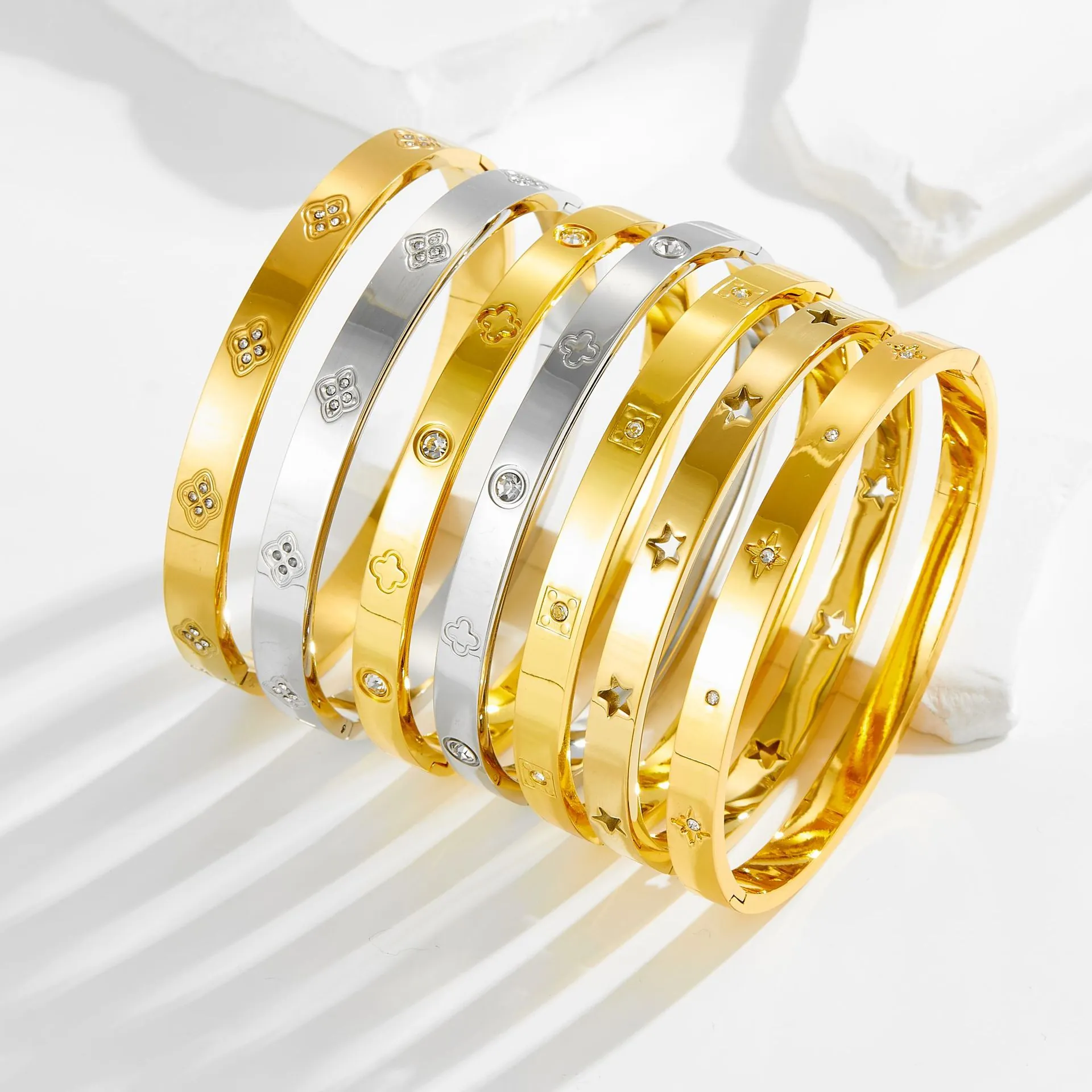 Women's Stainless Steel Zirconia Bangle Bracelet Gold Silver Plated Star Clover Hinged Cuff Bangle Hand Jewelry Accessories
