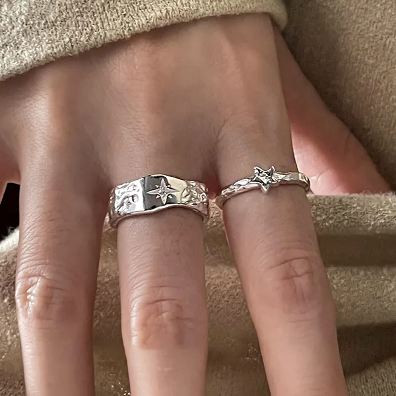 Vintage 925 Sterlingsilber Stern Offen Verstellbar Ring Für Damen Gehämmerte Textur Versilbert Zirkonia Finger Schmuck Geschenk