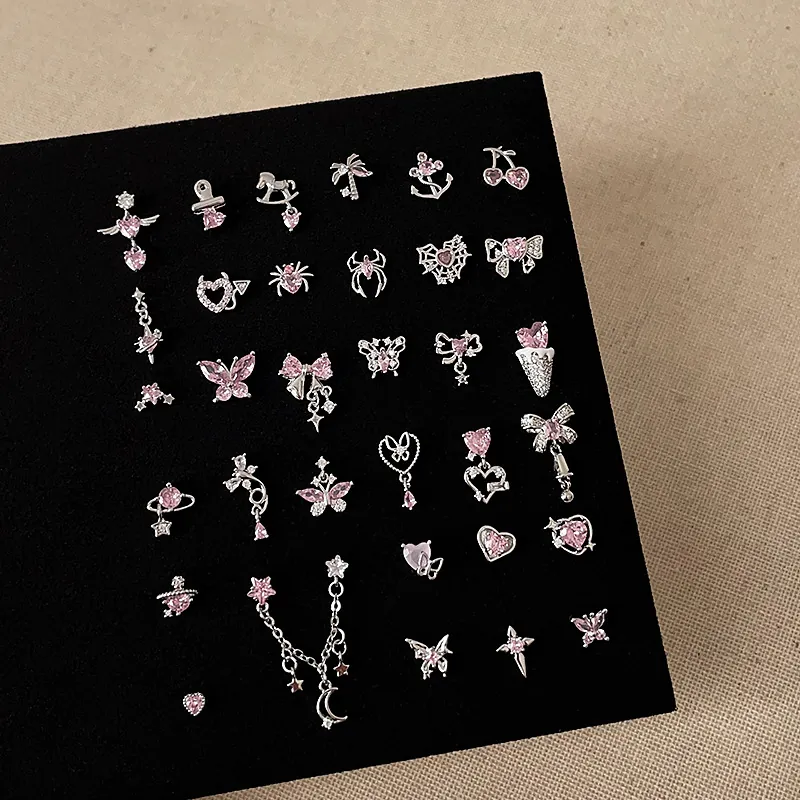 Sweet Pink Zirconia Heart Bow Butterfly Stud Earrings For Women Silver Earring Post Alloy Ear Bone Nail Jewelry Gift