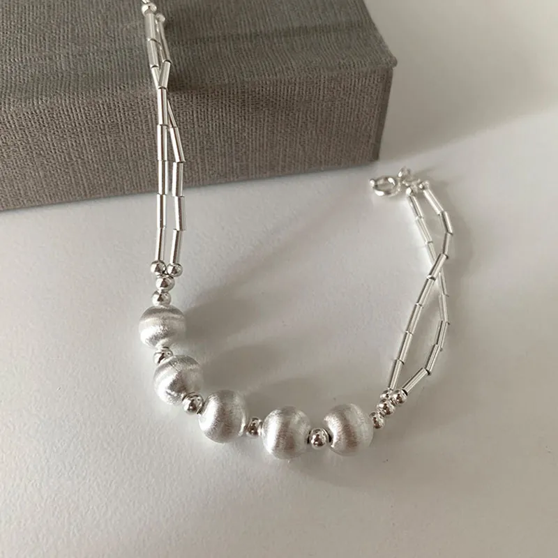 925 Sterling Silver Bracelet For Women Minimalist Brushed Frosted Round Beads Double Strand Adjustable Hand Jewelry Gift Elegant Accessories