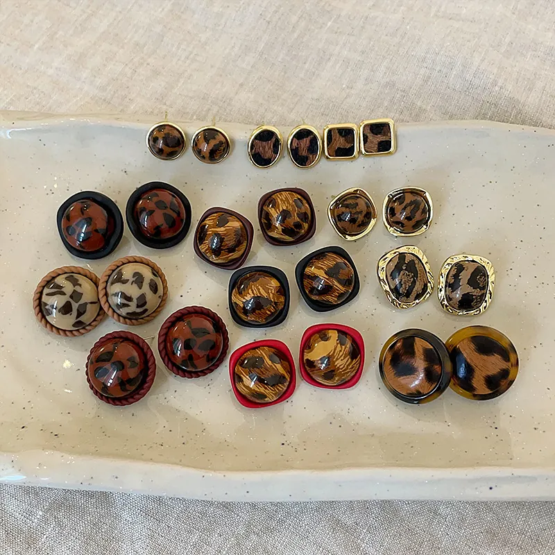 Vintage Leopard Print Resin Stud Earrings With 925 Sterling Silver Earring Post Geometric Fashion Jewelry For Women Autumn Winter Commuting