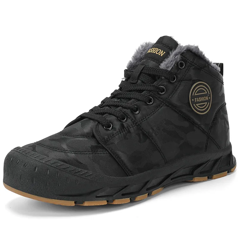 Men Camouflage High Top Snow Boots Fleece Lined Winter Warm Lace Up Hiking Shoes Anti Slip Rubber Sole Outdoor Cotton Boots