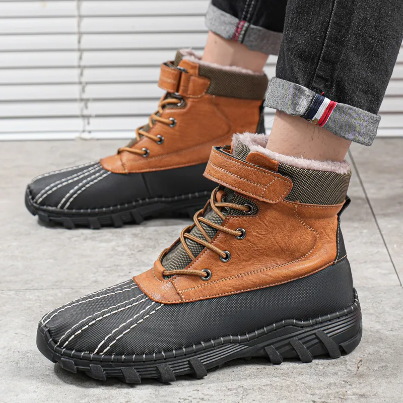 Bottes de Travail d'extérieur pour Hommes en Cuir Microfibre Bottes Canard Imperméables Hiver Chaud Doublé Polaire Semelle Caoutchouc
