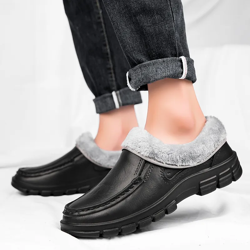 Men Winter Warm Fleece Lined EVA Chef Shoes Waterproof Anti-Skid Slip-On Work Shoes Casual Cotton Loafers Large Size