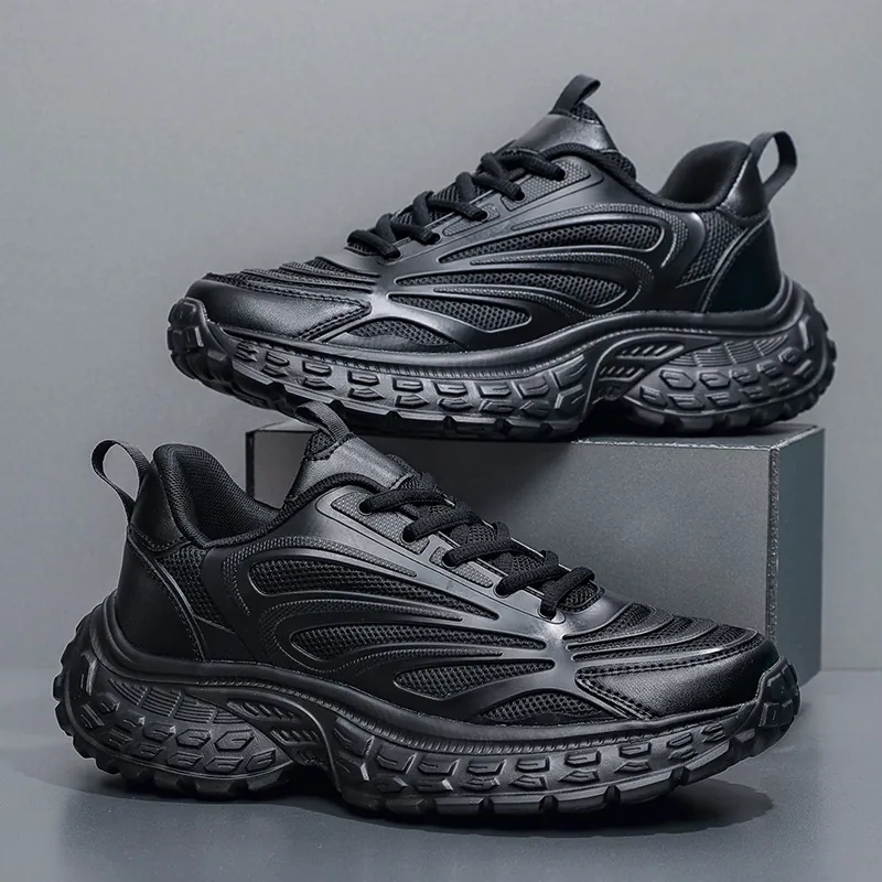 Men's Chunky Sneakers Fashion All Black Thick Sole Breathable Mesh Lightweight Sports Shoes Streetwear Dad Shoes Large Size