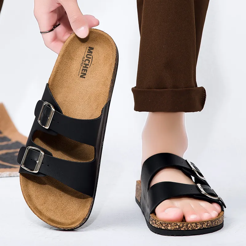 Klassieke Unisex Kurk Slides Sandalen Verstelbare Dubbele Gesp Kunstleer Slides Casual Outdoor Strand Slippers