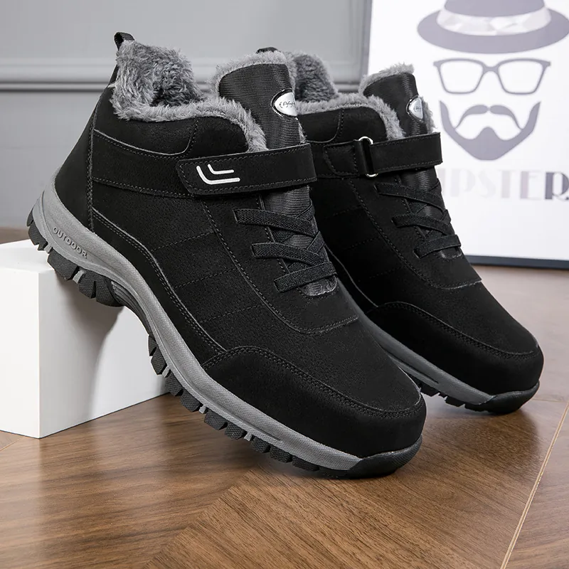 Bottes de Neige d'Extérieur d'Hiver pour Hommes Femmes Hautes Chaudes Doublées de Peluche Cuir PU Velcro Lacets Chaussures de Marche Antidérapantes