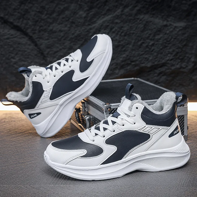 Men's Winter High Top Sneakers Warm Plush Lined Shoes Leather Casual Running Shoes Color Block Non Slip Athletic Sports Shoes
