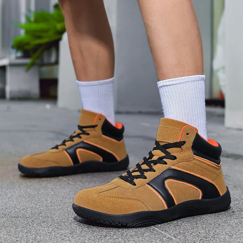 Unisex High Top Outdoor Hiking Shoes Suede Leather Splicing Mid Top Casual Sport Sneakers Non Slip Wear Resistant Boots