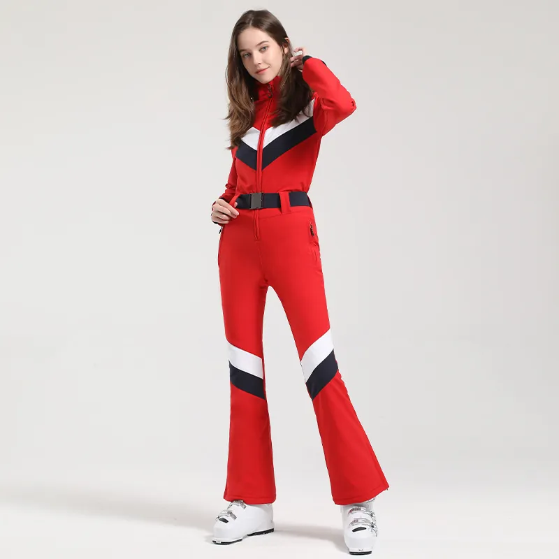 Tuta da Sci Donna Intera Impermeabile Antivento Isolata Snowboard Jumpsuit Blocchi di Colore Chevron Giuntata Top And Bottom