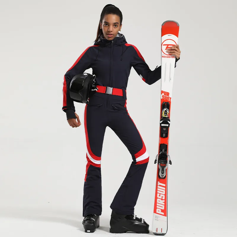Women's One-Piece Ski Suit Slim Fit Waterproof Windproof Breathable Warm Hooded Jumpsuit For Winter Outdoor Sports